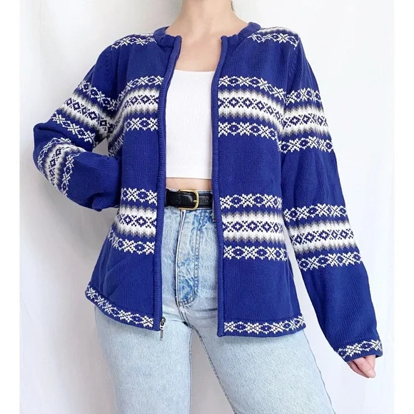 Vintage Retro Fair Isle Blue + White Printed Zip Up Knit Cardigan Sweater - Picture 5 of 12